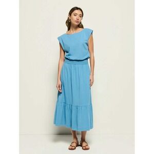 Nation LTD Evonne Maxi Dress Seascape Blue Pima Cotton Smocked Waist XS NEW